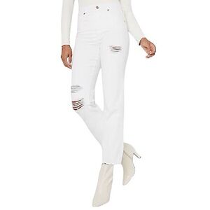 Express Style 06710774 High Waisted White Ripped Straight Raw Hem Ankle Jeans 10